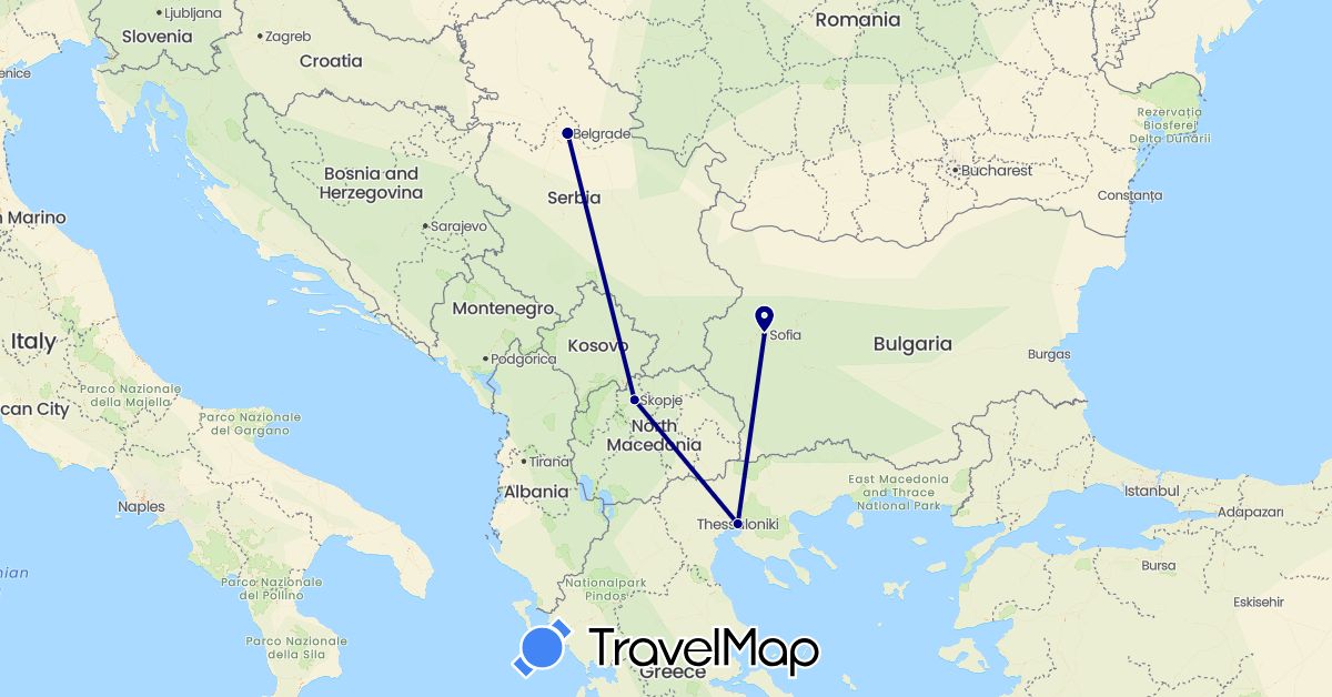 TravelMap itinerary: driving in Bulgaria, Greece, Macedonia, Serbia (Europe)